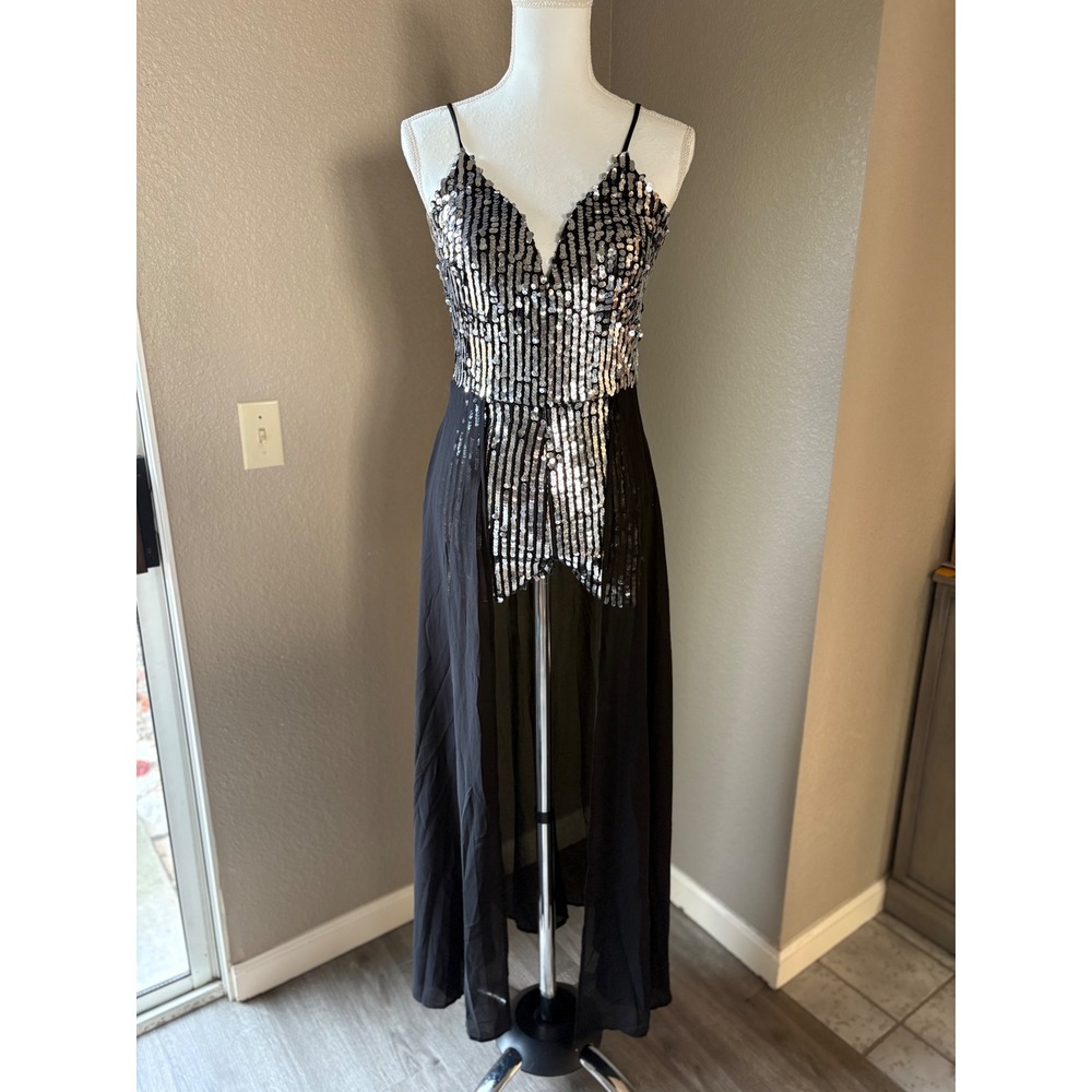 Black Silver Sequin Maxi Romper Dress Sheer Overlay Party Clubwear V-Neck